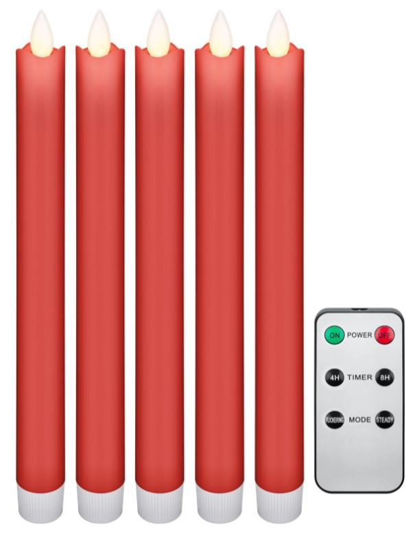 Set med 5st röda LED-ljus med äkta vax samt fjärrkontroll