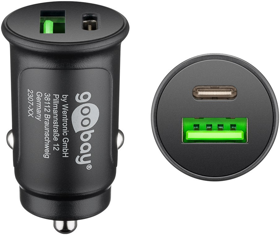 Billaddare med USB-A och USB-C kontakt med stöd för snabbladdning och USB-C PD 30W