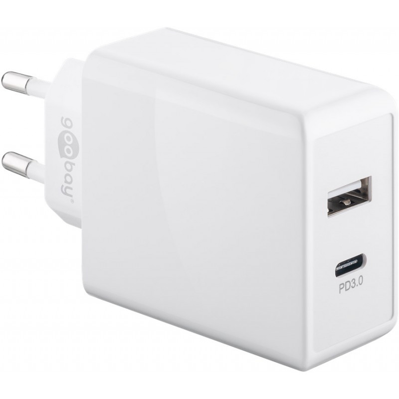 Laddare och kablar - Strömadapter med USB-C & USB-A, snabbladdning 28W, PD (Power Delivery)