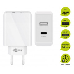 Laddare och kablar - Strömadapter med USB-C & USB-A, snabbladdning 28W, PD (Power Delivery)