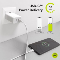 Laddare och kablar - Strömadapter med USB-C & USB-A, snabbladdning 28W, PD (Power Delivery)