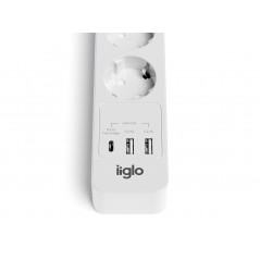 Grendosa - iiglo överspänningsskyddat grenuttag med 3 uttag och 2 USB + 1 USB-C