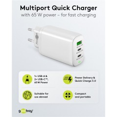 Laddare och kablar - Strömadapter med USB-C PD 65W och snabbladdning (2x USB-C, 1x USB)
