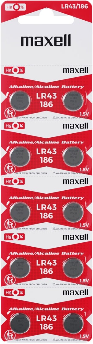Maxell LR43 1.5V alkaliskt batteri, 10-pack