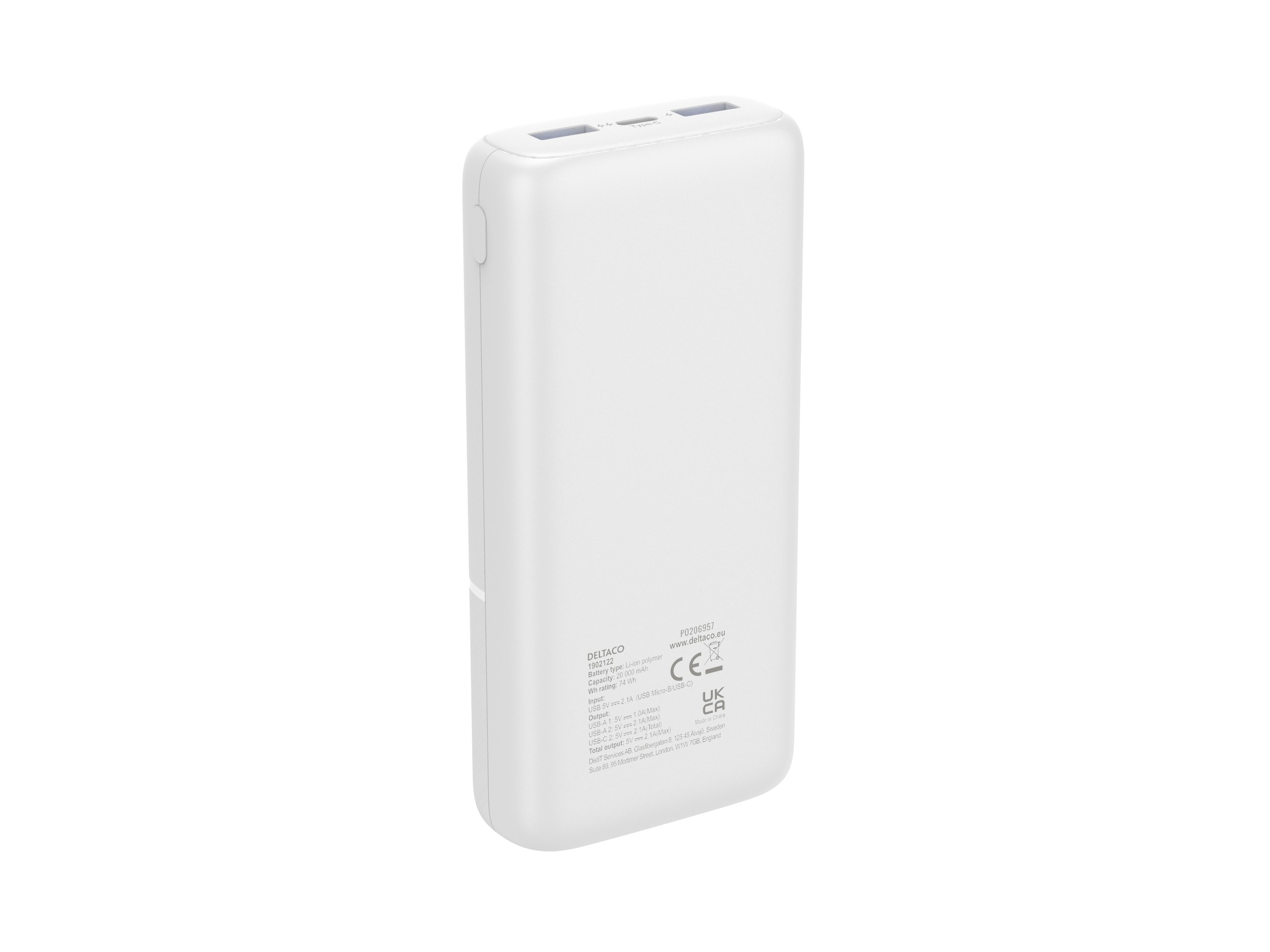 Powerbank 20 000 mAh, 2x USB-A, 1x USB-C, max 2.1A 10.5W vit