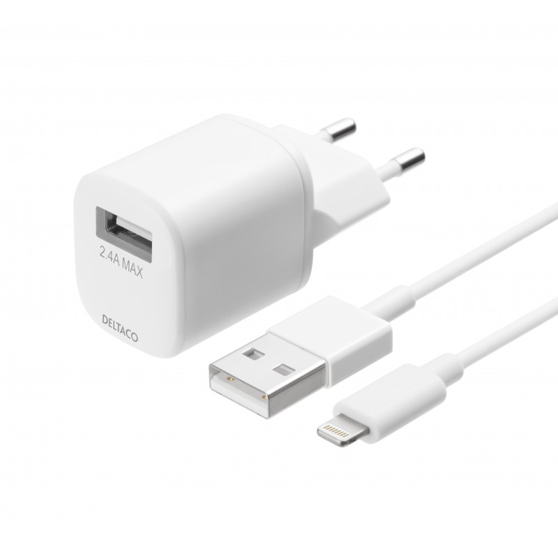 Mobiltillbehör - MFi Väggladdare med 1M USB-A till Lightningkabel, 2.4A 12W,  vit