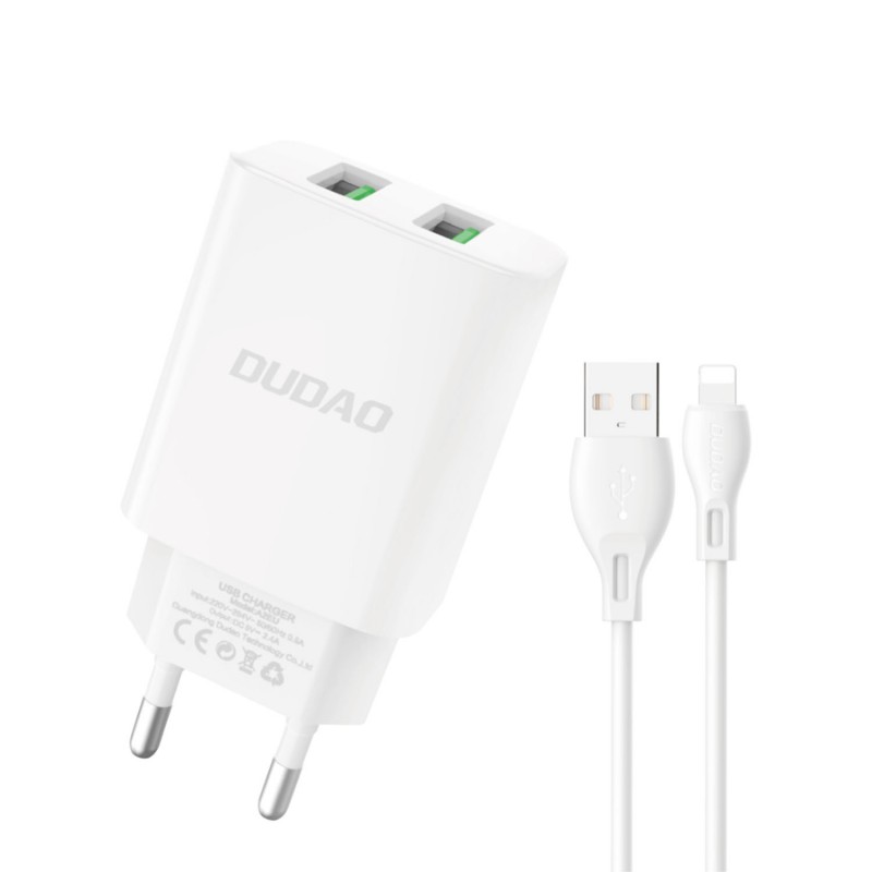 Väggladdare mobiltelefon - Dudao AC-adapter väggladdare med 2 USB samt 1m USB till Lightning-kabel 12W 2.4A