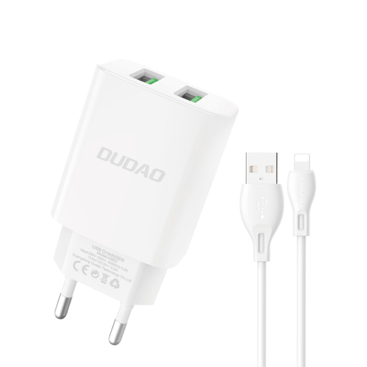 Dudao AC-adapter väggladdare med 2 USB samt 1m USB till Lightning-kabel