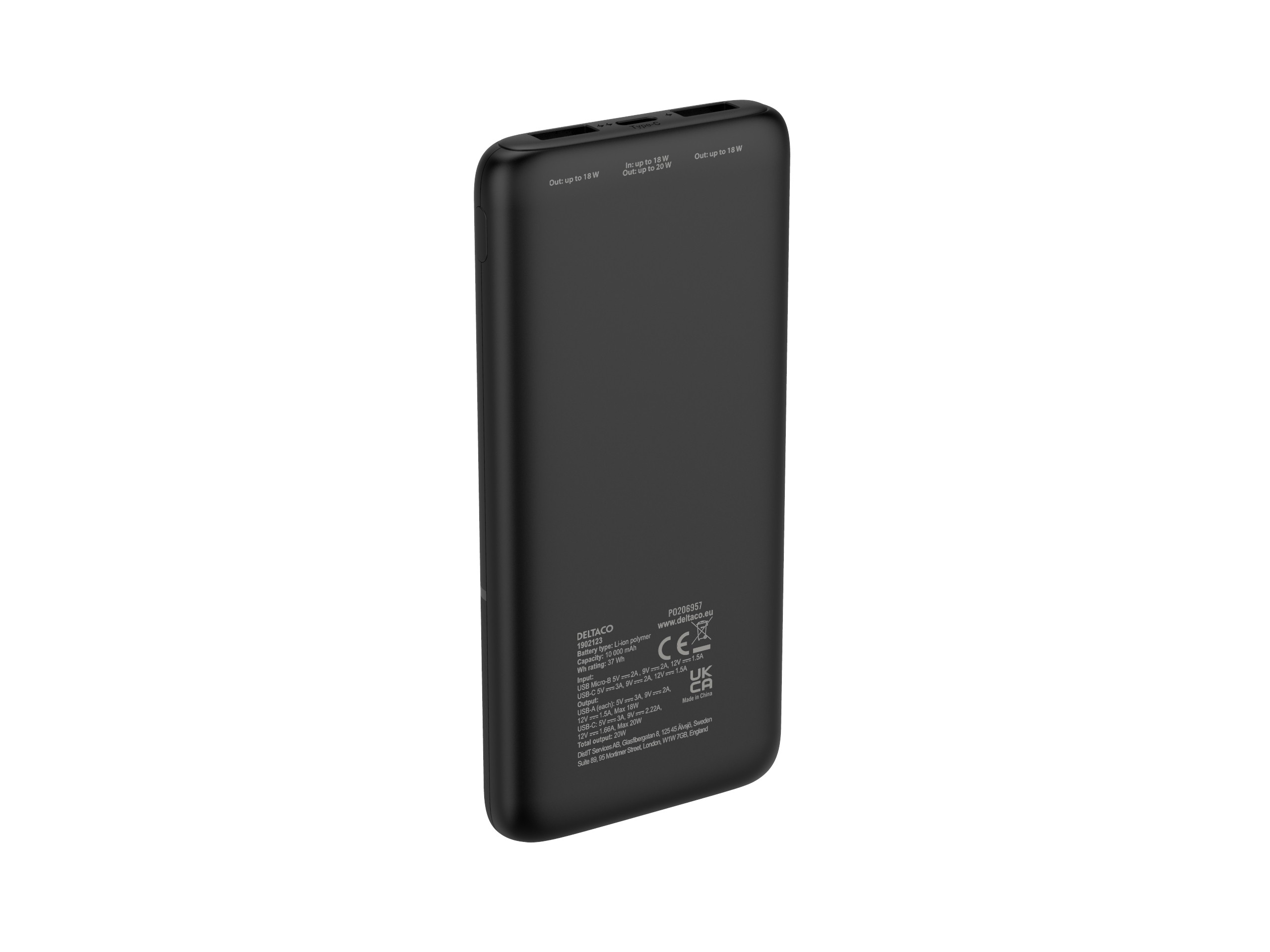 Deltaco Powerbank 10 000 mAh, 2x USB-A, 1x USB-C, QuickCharge max 20W, svart
