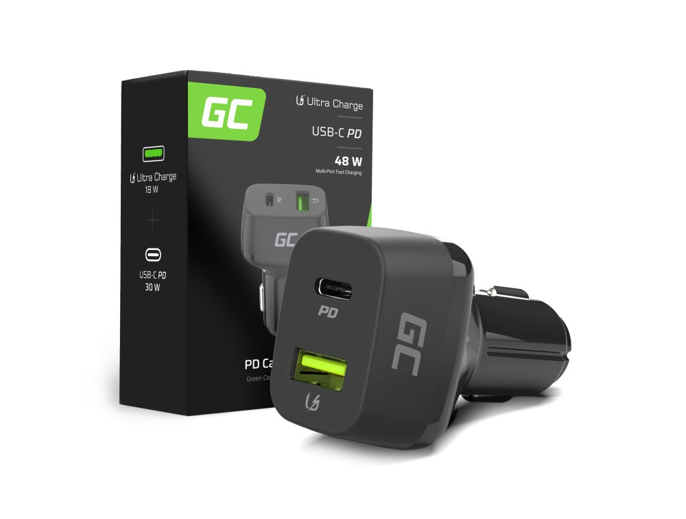 GreenCell billaddare med USB-C och USB-A kontakt 48W (30W PD QC 3.0)