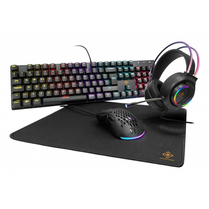 Paket tangentbord & mus gaming - Deltaco RGB 4-i-1 gamingset med mekaniskt tangentbord, headset, mus & musmatta