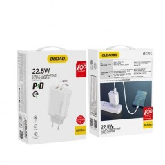 Väggladdare mobiltelefon - Dudao snabbladdande 22.5W USB-C och USB-A strömadapter inkl 1m USB-C till lightning-kabel