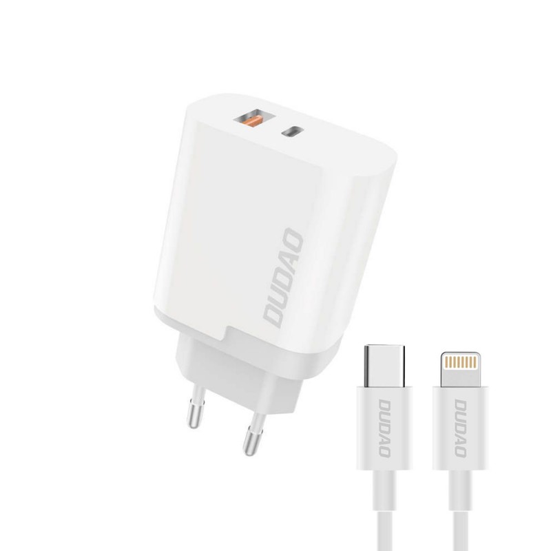 Väggladdare mobiltelefon - Dudao snabbladdande 22.5W USB-C och USB-A strömadapter inkl 1m USB-C till lightning-kabel