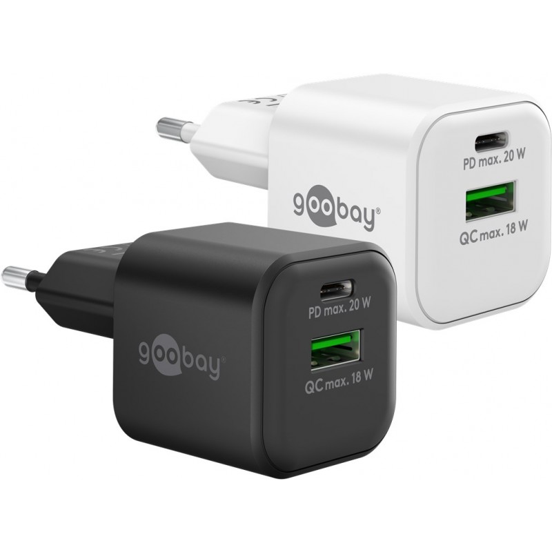 Snabbladdande kompakt GaN strömadapter med USB-A och USB-C PD 20W s... Laddare och kablar - Snabbladdande kompakt GaN strömadapter med USB-A och USB-C PD 20W svart/vit