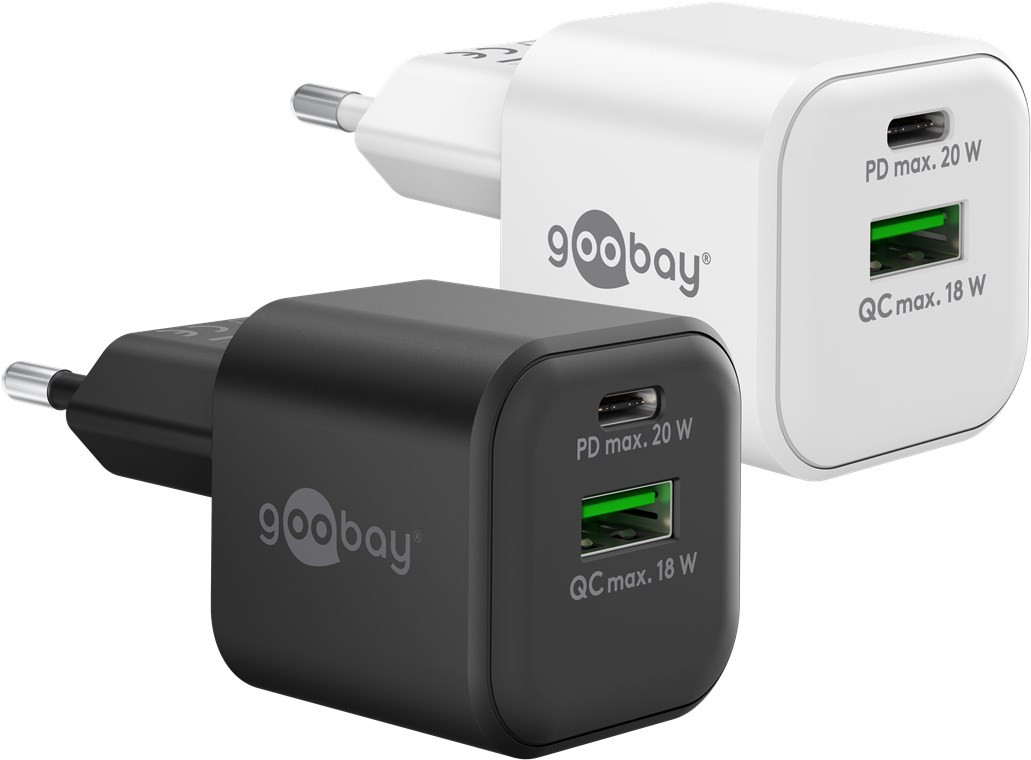 Snabbladdande kompakt GaN strömadapter med USB-A och USB-C PD 20W svart/vit (Svart)