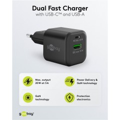 Snabbladdande kompakt GaN strömadapter med USB-A och USB-C PD 20W svart/vit