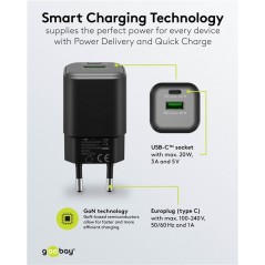 Laddare och kablar - Snabbladdande kompakt GaN strömadapter med USB-A och USB-C PD 20W svart/vit