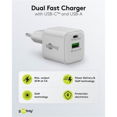 Snabbladdande kompakt GaN strömadapter med USB-A och USB-C PD 20W svart/vit