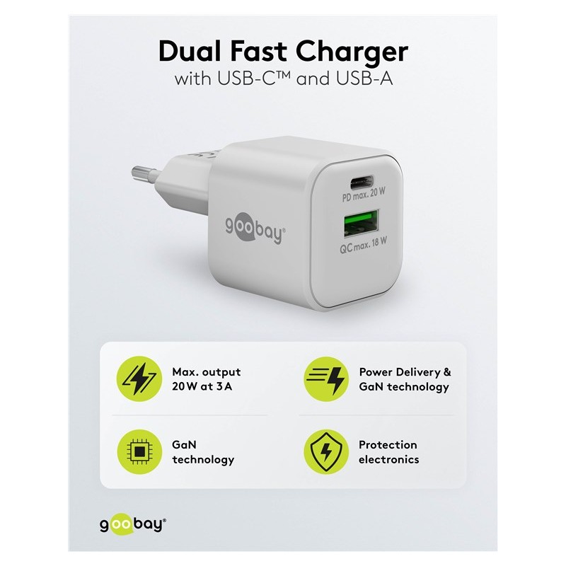 Laddare och kablar - Snabbladdande kompakt GaN strömadapter med USB-A och USB-C PD 20W svart/vit