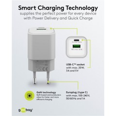 Laddare och kablar - Snabbladdande kompakt GaN strömadapter med USB-A och USB-C PD 20W svart/vit