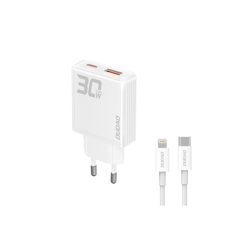 Väggladdare mobiltelefon - Dudao AC-adapter väggladdare GaN 30W med 1 USB-C och 1 USB samt Lightning-kabel