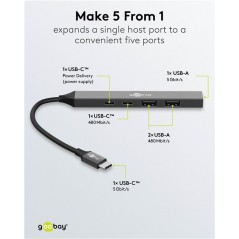 USB-C hubb - Goobay USB-C till 3x USB-A och 2x USB-C hubb