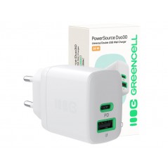 Väggladdare mobiltelefon - GreenCell snabbladdande USB-C och USB-A strömadapter 30W