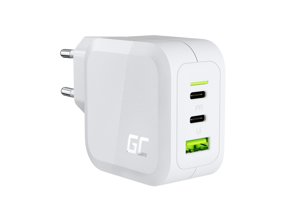 GreenCell AC-adapter väggladdare GaN 65W med 2 USB-C och 1 USB