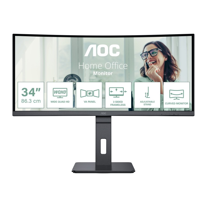 25 - 34" Datorskärm - AOC Pro-line CU34P3CV 34" Välvd ultrabred skärm med USB-C PD 65W KVM-Switch/ethernet och högtalare