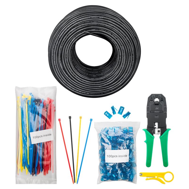 Nätverksbygge och felsökning - Goobay set med RJ45-kontakter, verktyg och 100m Cat6 nätverkskabel för utomhusbruk