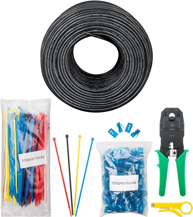 Goobay set med RJ45-kontakter, verktyg och 100m Cat6 nätverkskabel för utomhusbruk
