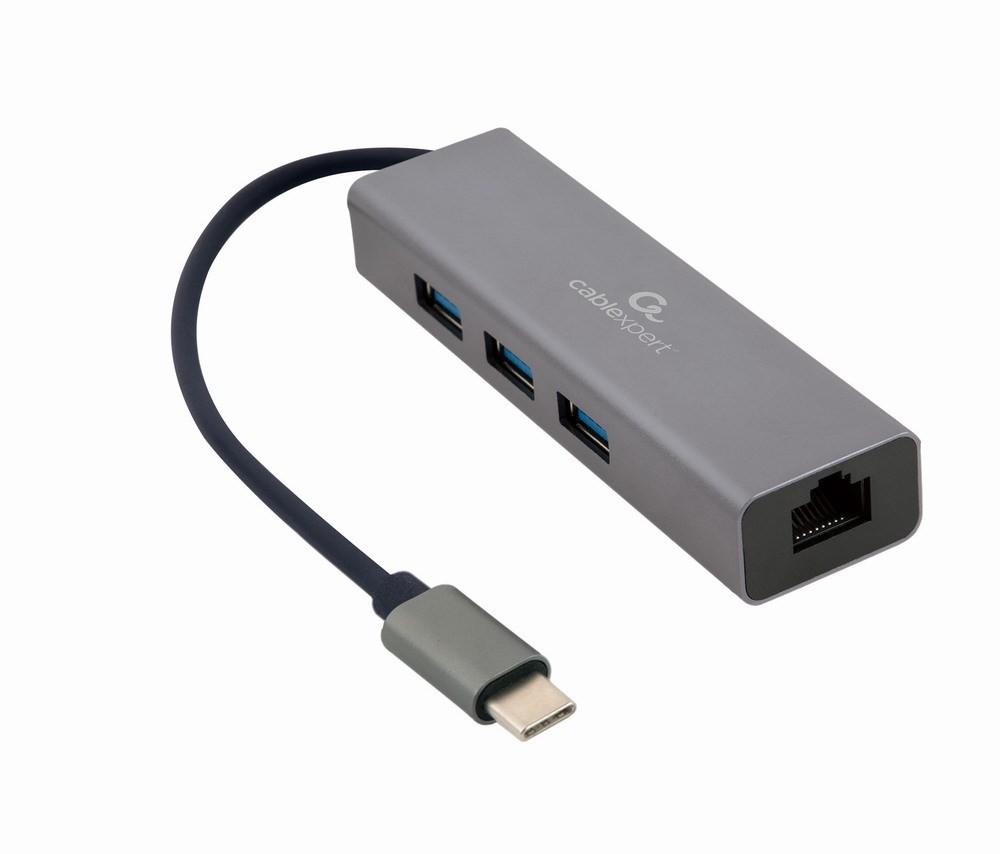 Cablexpert USB-C-nätverkskort gigabit med 3-portars USB 3.0-hubb