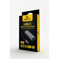 Cablexpert USB-C-nätverkskort gigabit med 3-portars USB 3.0-hubb
