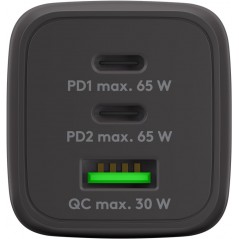 Laddare och kablar - Snabbladdande kompakt GaN strömadapter med USB-A och 2x USB-C PD 65W svart/vit