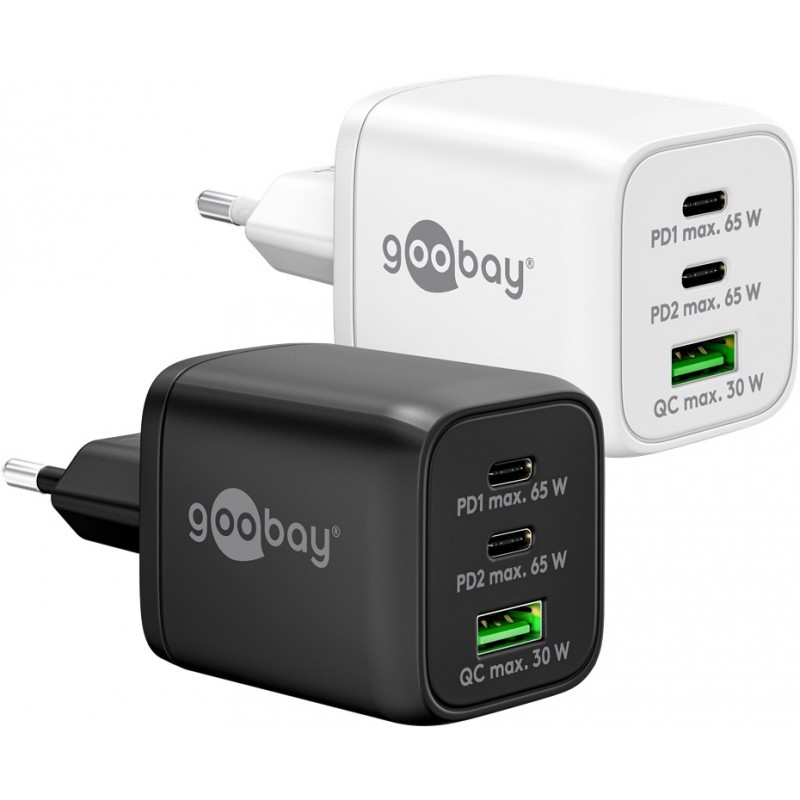 Snabbladdande kompakt GaN strömadapter med USB-A och 2x USB-C PD 65... Laddare och kablar - Snabbladdande kompakt GaN strömadapter med USB-A och 2x USB-C PD 65W svart/vit