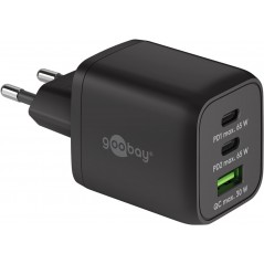 Snabbladdande kompakt GaN strömadapter med USB-A och 2x USB-C PD 65W svart/vit
