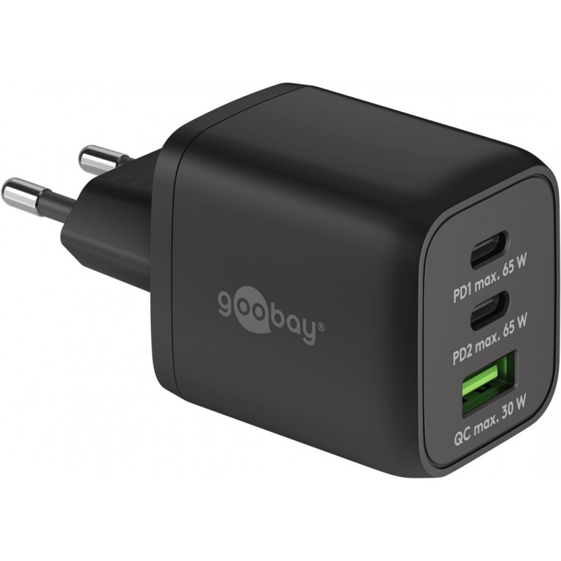Laddare och kablar - Snabbladdande kompakt GaN strömadapter med USB-A och 2x USB-C PD 65W svart/vit