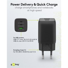 Laddare och kablar - Snabbladdande kompakt GaN strömadapter med USB-A och 2x USB-C PD 65W svart/vit
