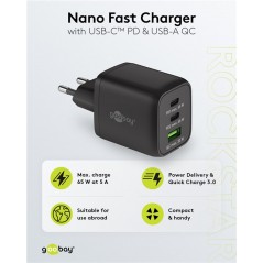 Laddare och kablar - Snabbladdande kompakt GaN strömadapter med USB-A och 2x USB-C PD 65W svart/vit