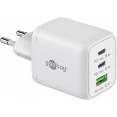 Snabbladdande kompakt GaN strömadapter med USB-A och 2x USB-C PD 65W svart/vit