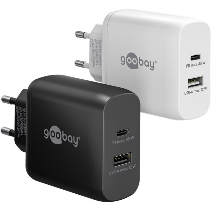 Snabbladdande kompakt GaN strömadapter med USB-A och USB-C PD 45W s... Laddare och kablar - Snabbladdande kompakt GaN strömadapter med USB-A och USB-C PD 45W svart/vit