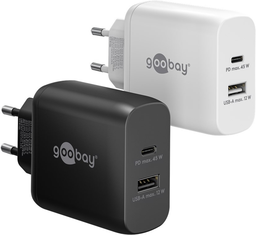 Snabbladdande kompakt GaN strömadapter med USB-A och USB-C PD 45W svart/vit (Svart)