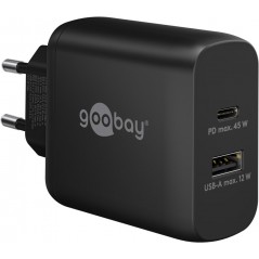 Snabbladdande kompakt GaN strömadapter med USB-A och USB-C PD 45W svart/vit