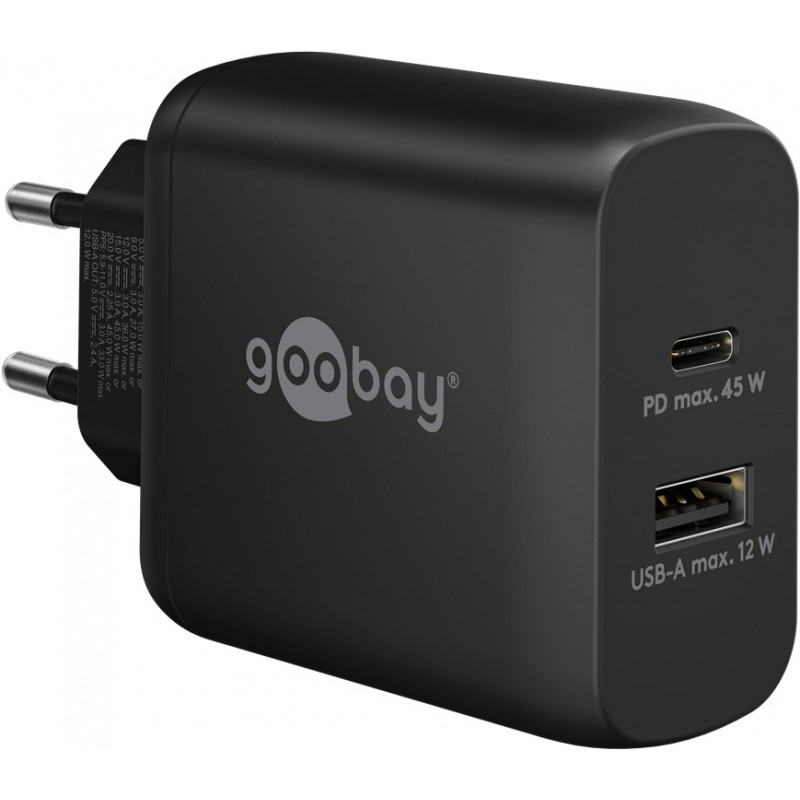Laddare och kablar - Snabbladdande kompakt GaN strömadapter med USB-A och USB-C PD 45W svart/vit