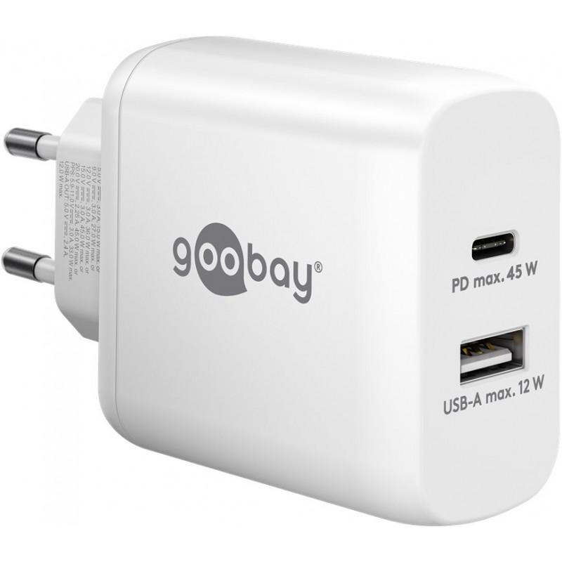 Laddare och kablar - Snabbladdande kompakt GaN strömadapter med USB-A och USB-C PD 45W svart/vit