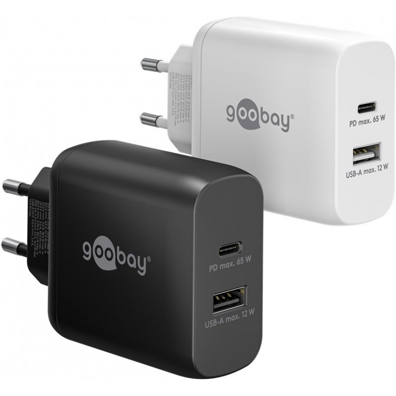 Snabbladdande kompakt GaN strömadapter med USB-A och USB-C PD 65W s... Laddare och kablar - Snabbladdande kompakt GaN strömadapter med USB-A och USB-C PD 65W svart/vit