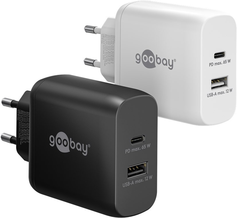 Snabbladdande kompakt GaN strömadapter med USB-A och USB-C PD 65W svart/vit (Vit)