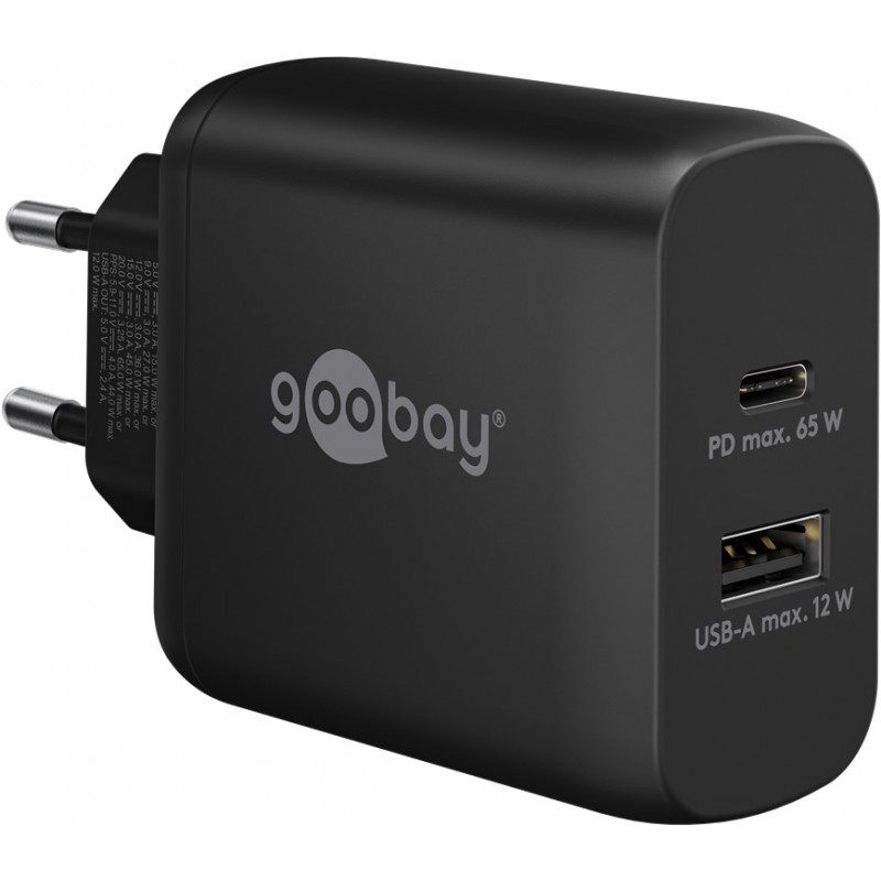 Laddare och kablar - Snabbladdande kompakt GaN strömadapter med USB-A och USB-C PD 65W svart/vit