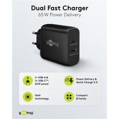 Laddare och kablar - Snabbladdande kompakt GaN strömadapter med USB-A och USB-C PD 65W svart/vit