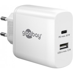 Snabbladdande kompakt GaN strömadapter med USB-A och USB-C PD 65W svart/vit